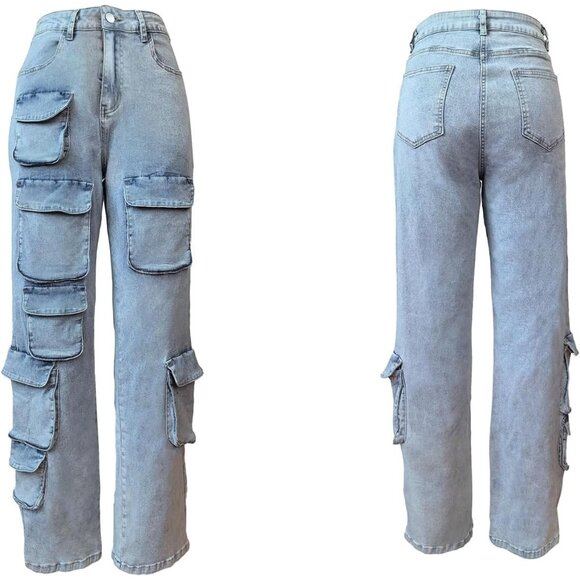 Women's Cargo Jeans High Waisted Stretchy Straight Leg Pockets Casual - Picture 6 of 7